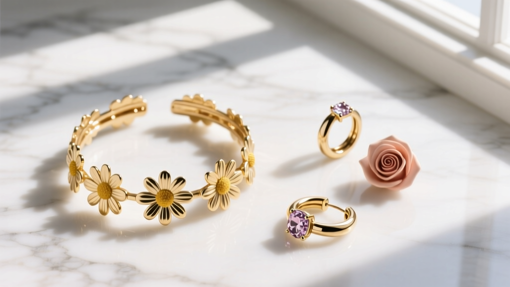 Overhead flat lay of gold floral daisy hoops and rose huggies on white marble, bathed in bright natural window sunlight.