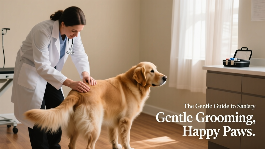 Veterinarian gently examining a dog’s rear end during a wellness check, with calm expression and soft lighting