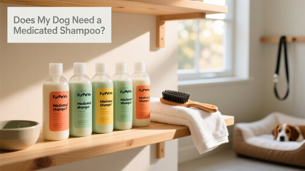 Shelves displaying several FurPetVo-branded medicated dog shampoos in labeled bottles, arranged neatly next to a clean towel and grooming brush