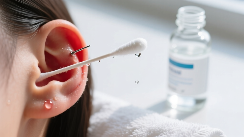 Close-up of a cotton swab applying sterile saline to a red earlobe piercing, with a glass bottle nearby on a clean white towel.