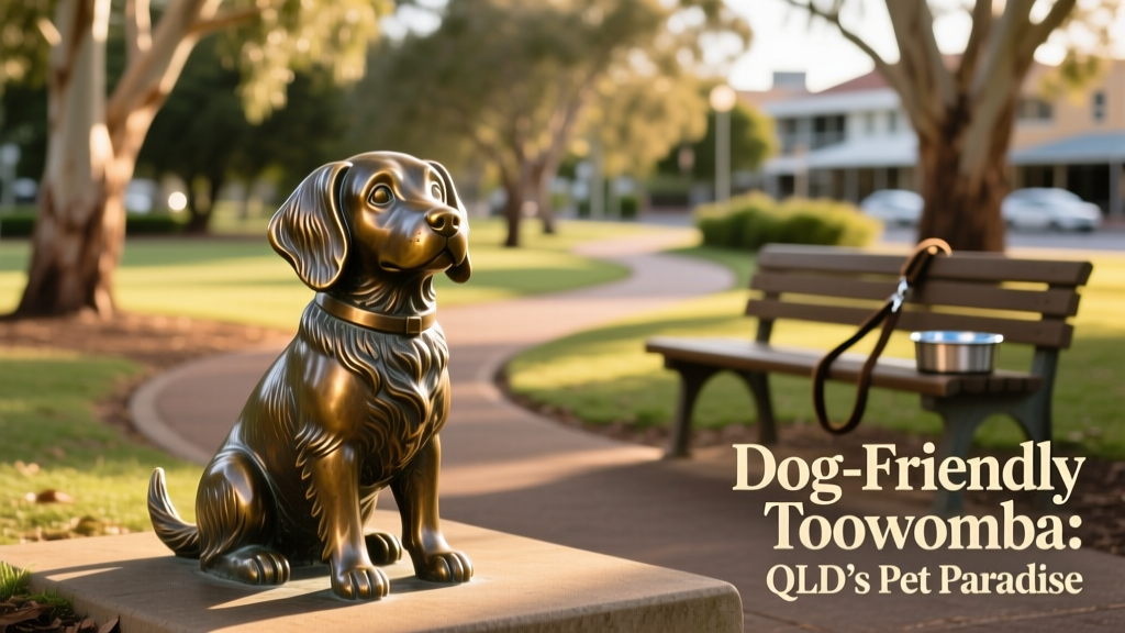 A charming bronze statue of a small dog sitting peacefully in a Toowoomba park