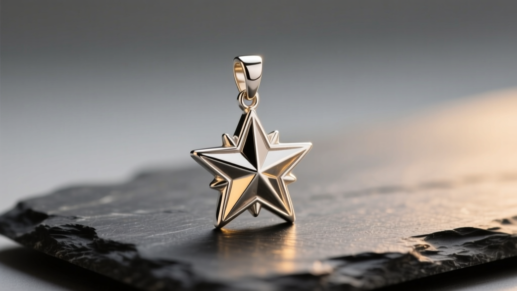 Macro shot of a polished sterling silver moravian star pendant resting on dark slate, reflecting soft warm studio lighting