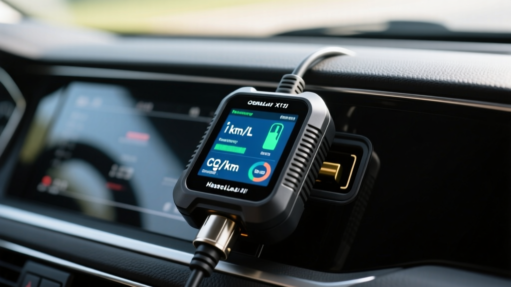 OBD2 scanner plugged into a car diagnostic port showing real-time fuel efficiency and CO2 emission data on a bright LCD screen.