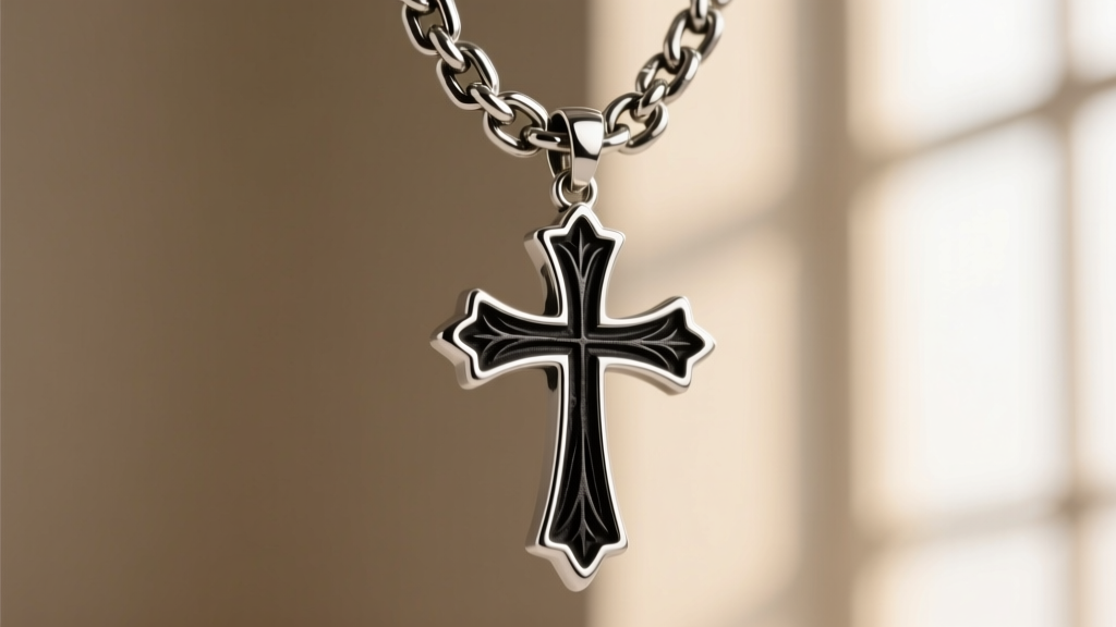 Macro shot of a sterling silver gothic cross pendant on a thick Cuban link chain, showing dark oxidized crevices and polished edges.