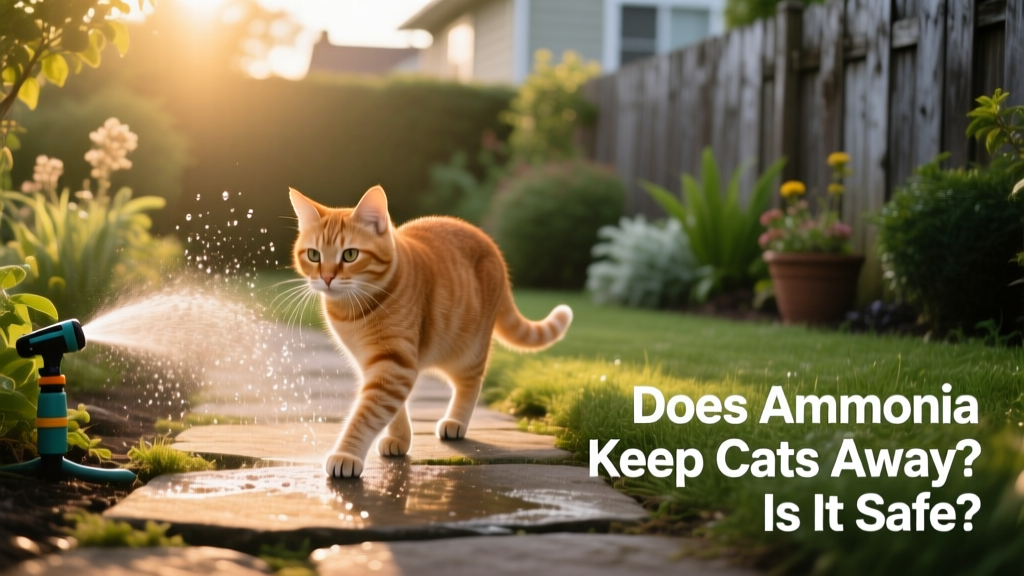 A motion-activated sprinkler gently spraying water as a cat steps onto a garden path