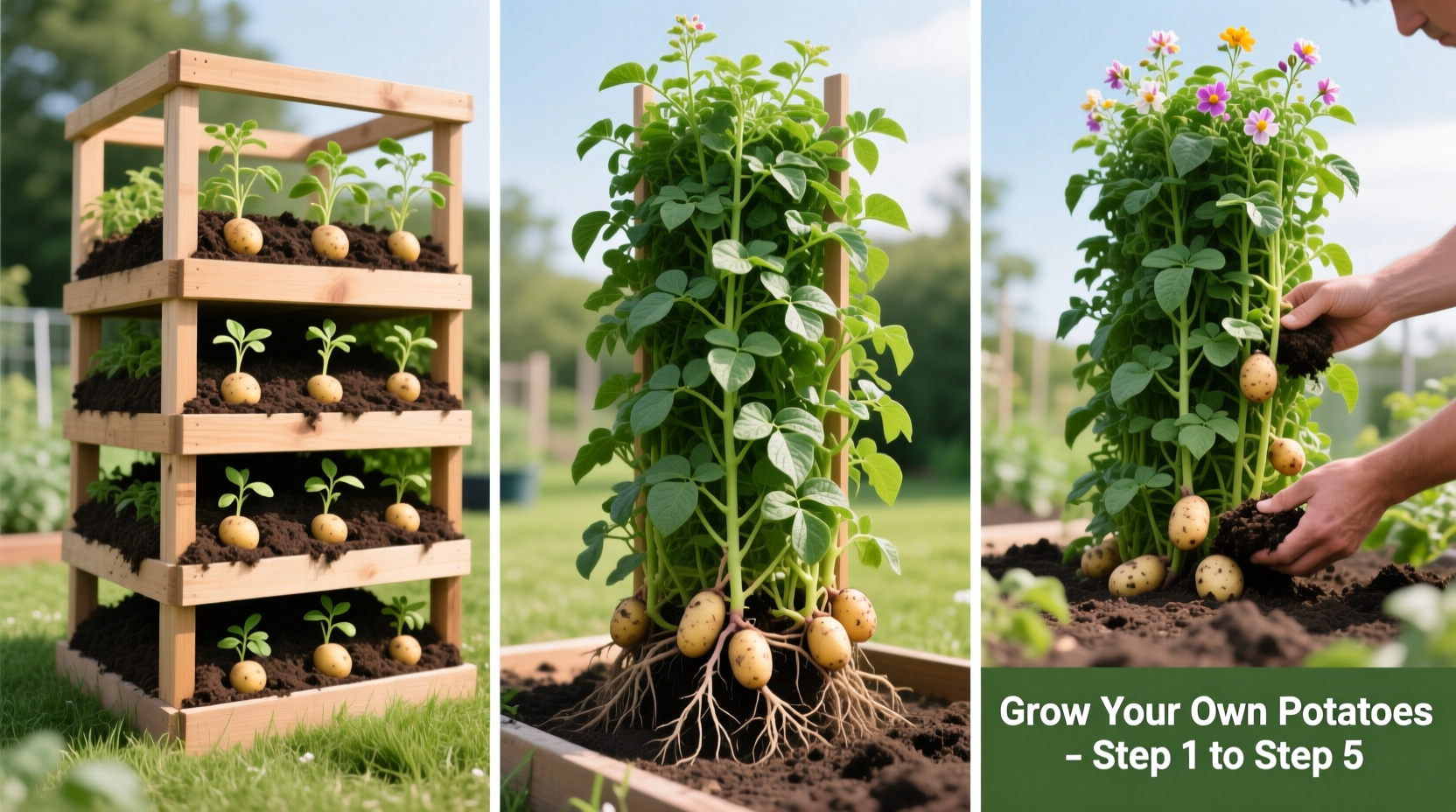 Step-by-step potato tower construction with growing plants