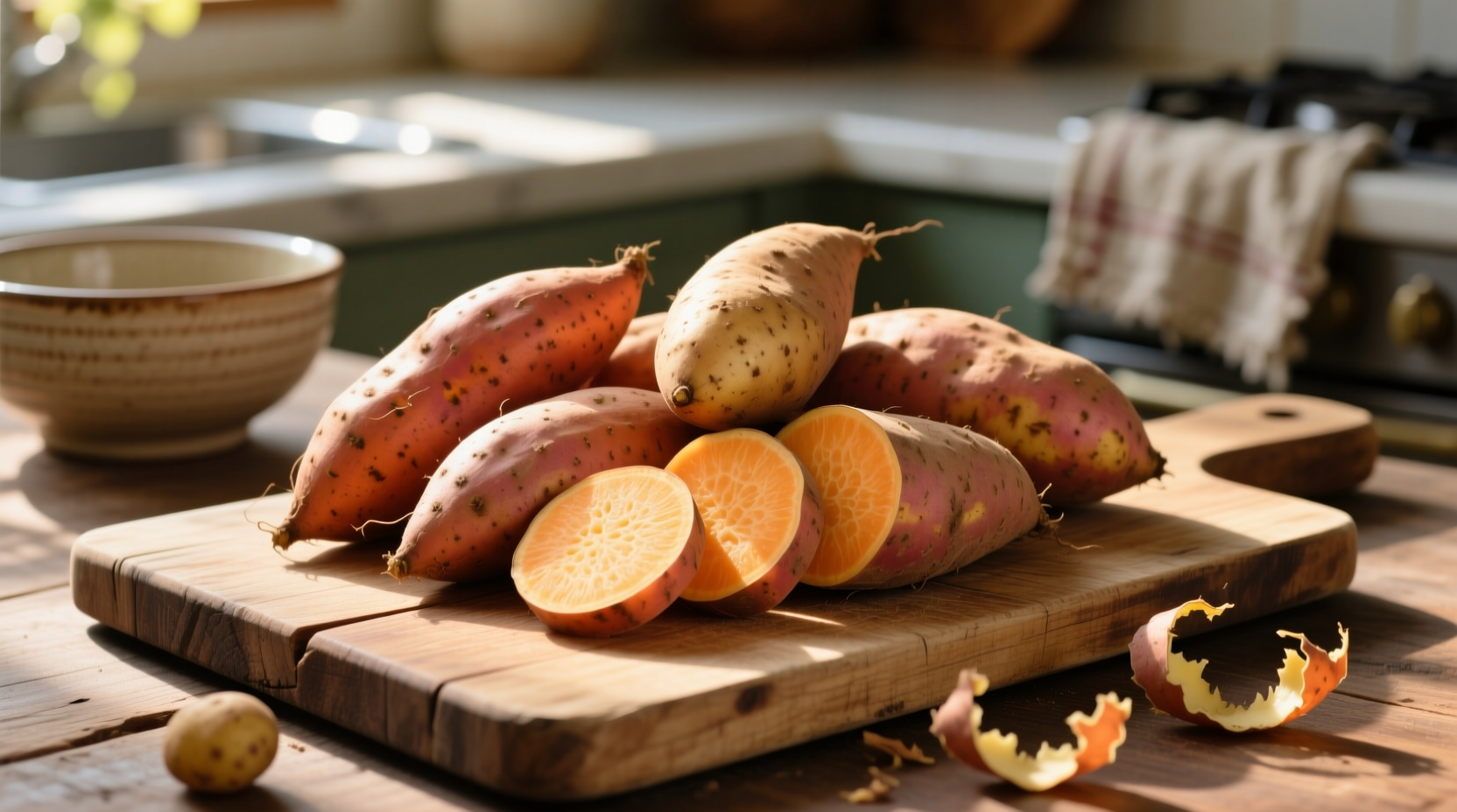 Fresh sweet potatoes on wooden cutting board