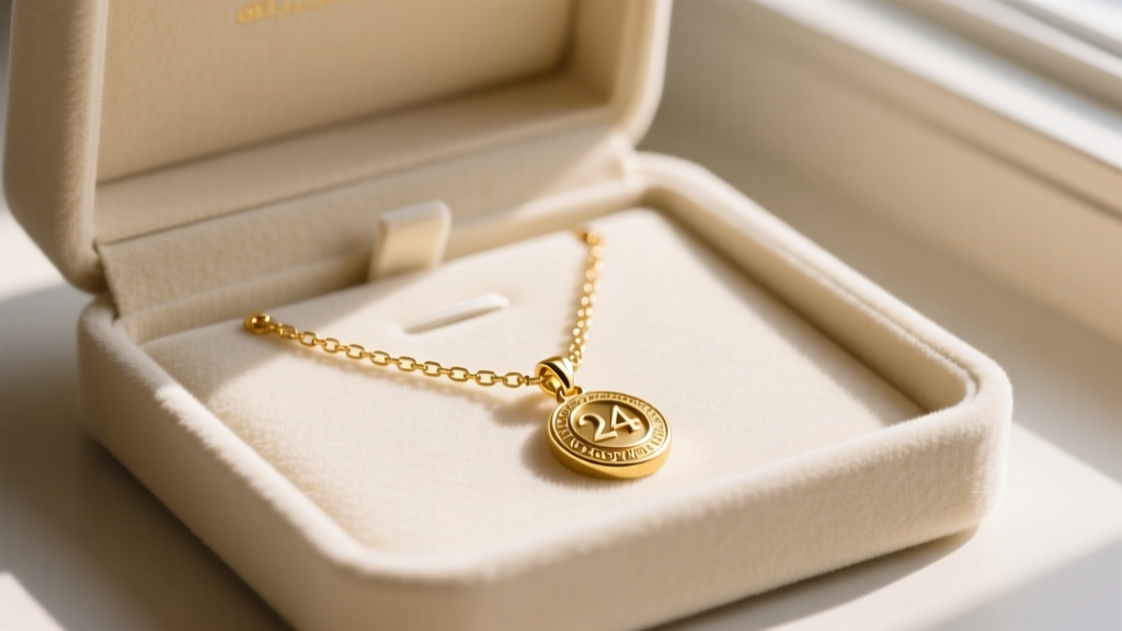 A 24k gold pendant necklace laid flat inside a cream suede box, showing proper storage to prevent gravity-induced chain stretching.