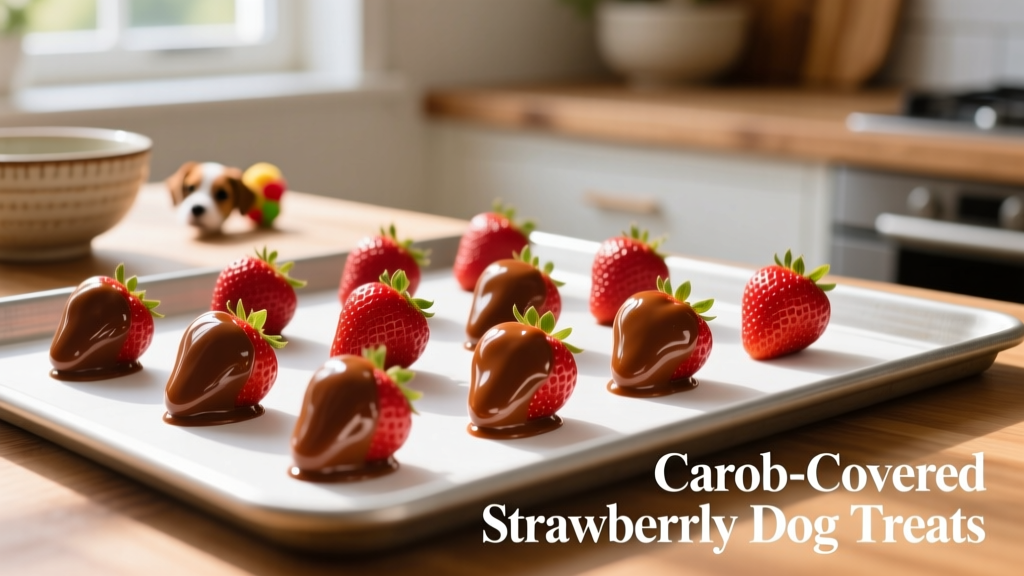 Fresh strawberries dipped in glossy carob coating, arranged on a white baking sheet