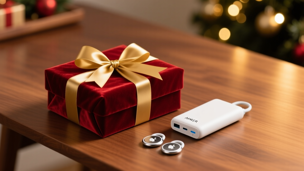 A neatly wrapped Christmas gift box sitting on a wooden desk next to a sleek Anker power bank and a set of Apple AirTags, warm holiday lighting.