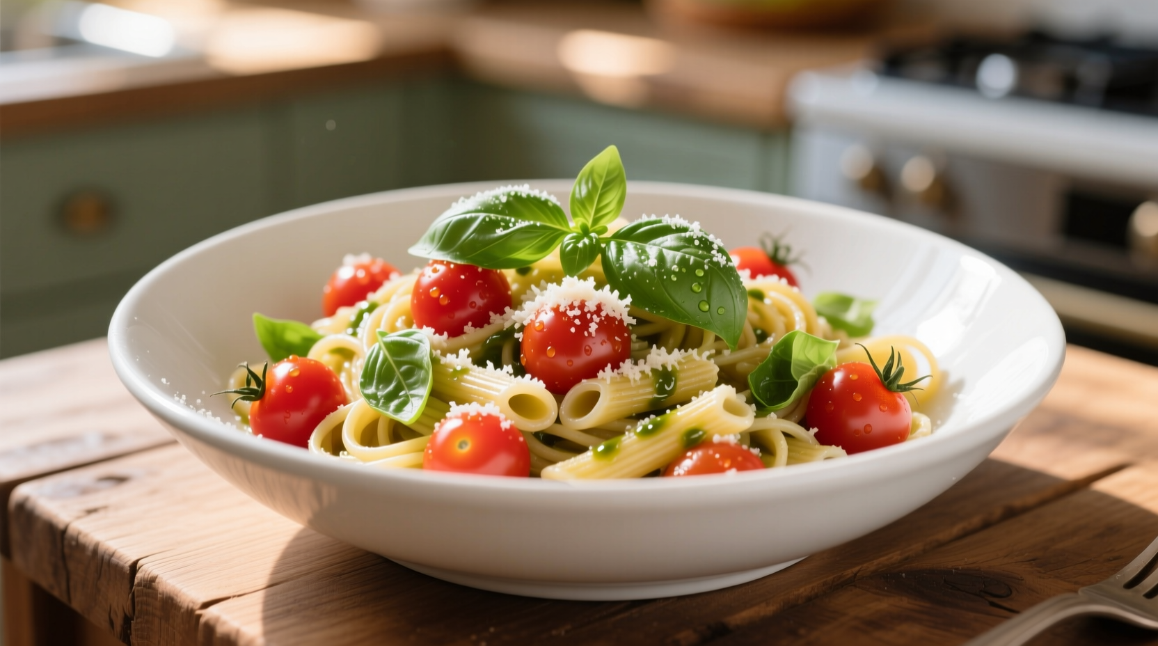 Fresh cherry tomato basil pasta in white bowl