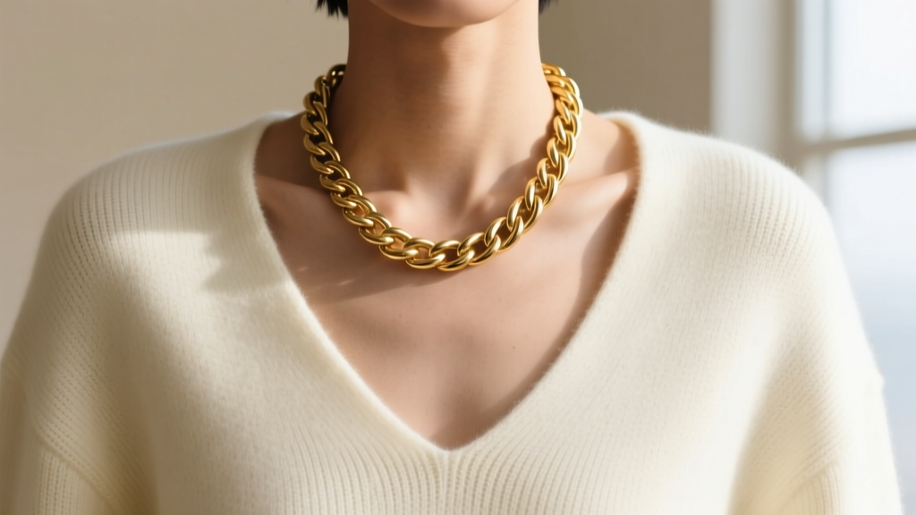 Torso in a V-neck sweater wearing a 22-inch gold rope chain resting perfectly at the bottom edge of the neckline