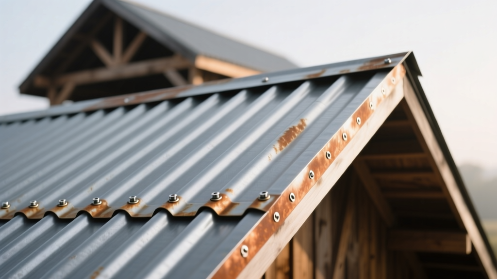 Close-up of 26-gauge Galvalume corrugated metal panels with exposed fasteners and subtle oxidation on a steep-slope barn roof.