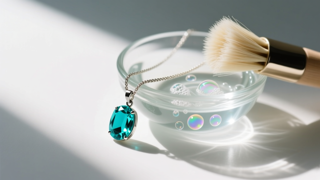 Macro shot of a turquoise pendant necklace beside a small glass bowl of mild soapy water and a soft bristle cleaning brush.