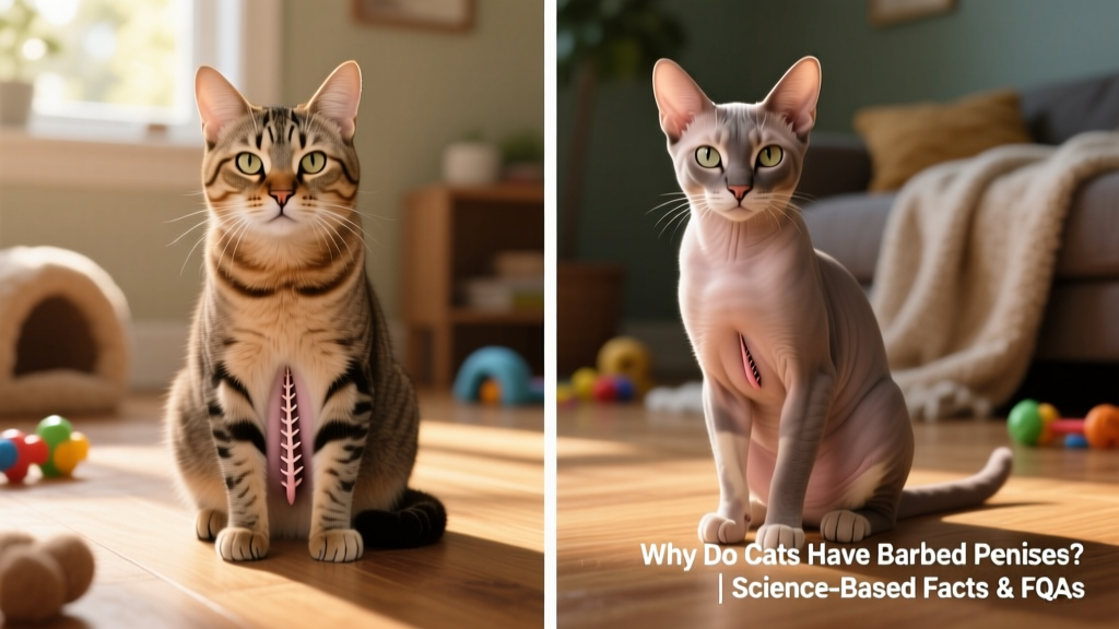 Side-by-side comparison: intact male cat vs. neutered male cat, highlighting hormonal influence on penile spine development