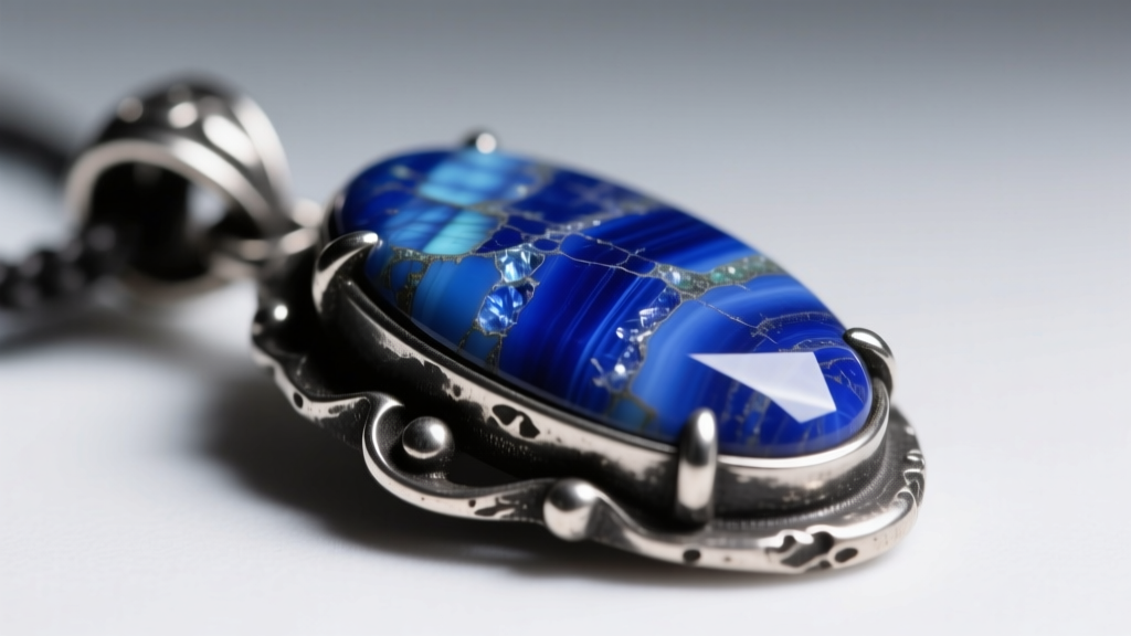 Macro shot of a lapis pendant in oxidized silver, highlighting contrast between dark metal and vivid blue stone surface texture.