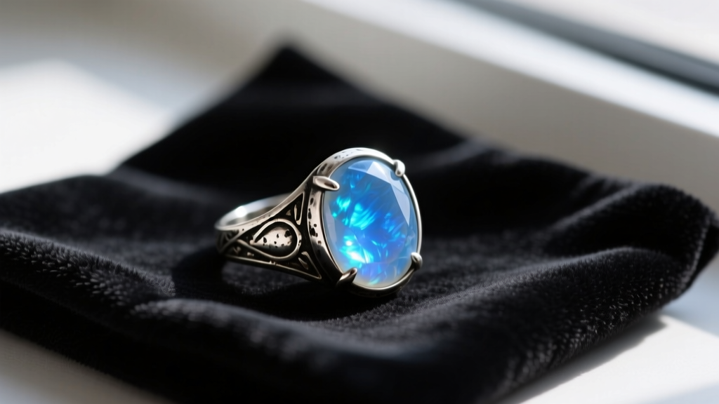 Close-up of a glowing blue moonstone cabochon set in a tarnished silver ring, resting on a dark velvet jewelry cleaning cloth.