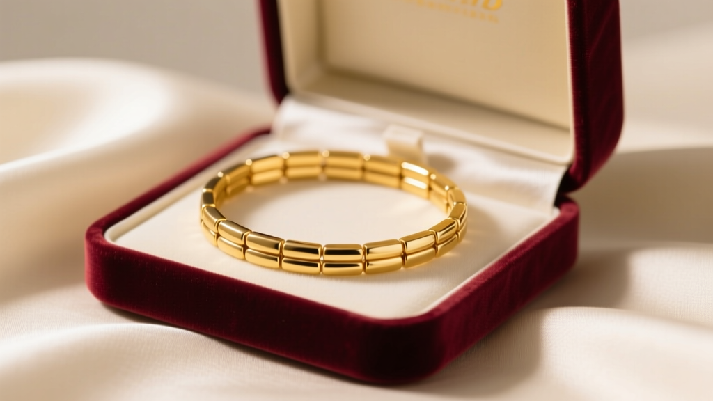 Open velvet box showing an 18k yellow gold tennis bracelet on cream silk fabric under soft, warm directional studio lighting