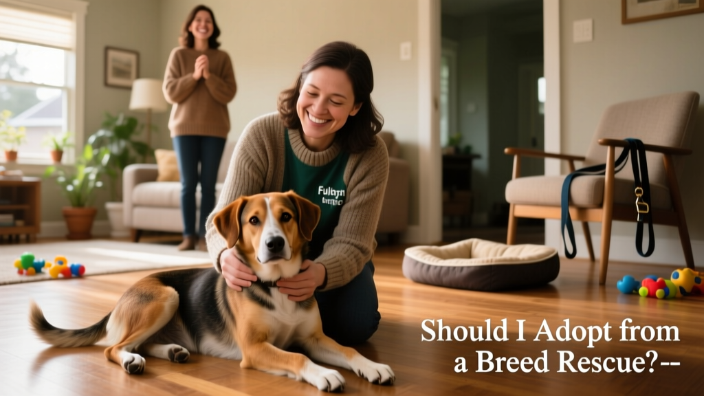 A volunteer gently holding a calm, middle-aged dog during a home visit, with a smiling adopter looking on in the background