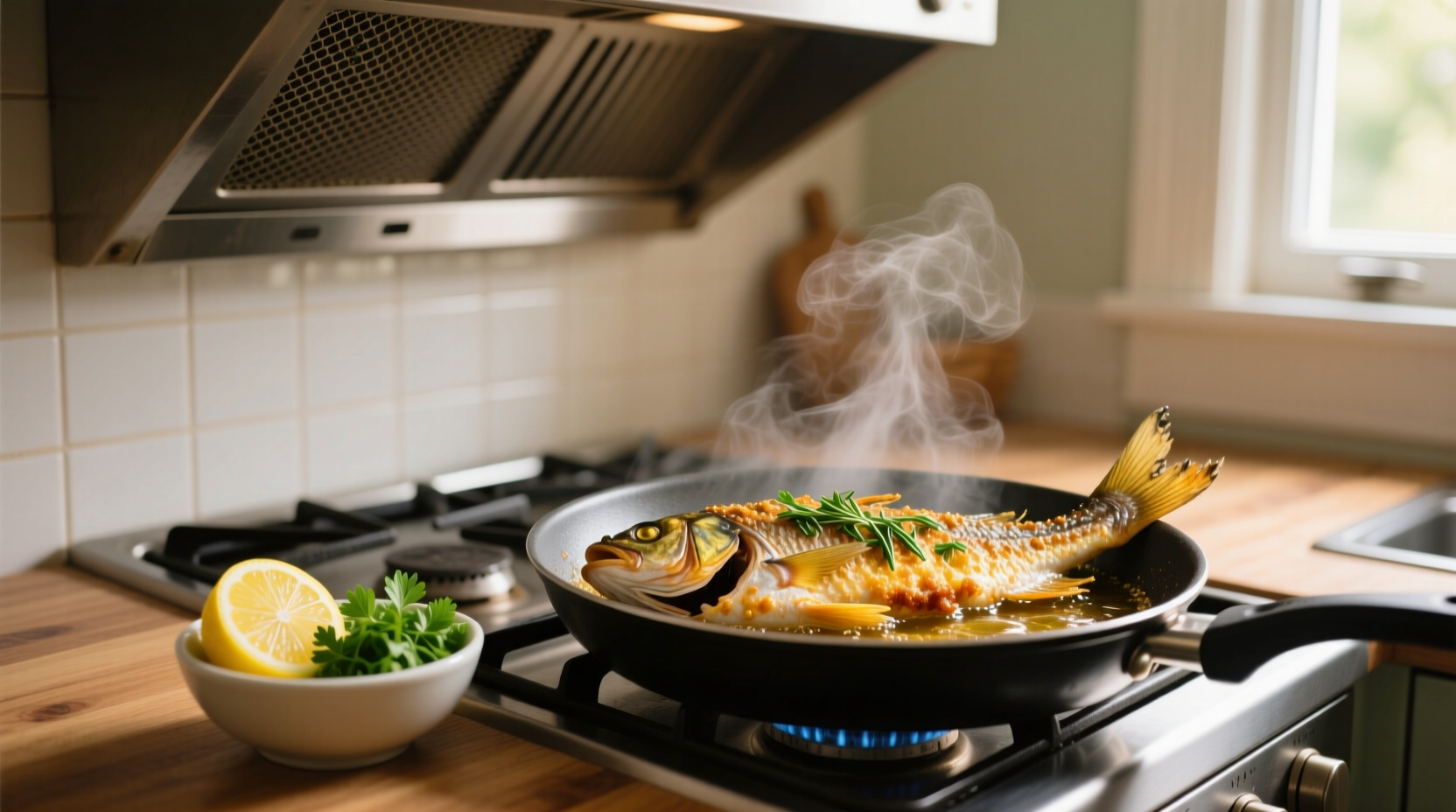 avoid stinking up the house when frying fish by putting