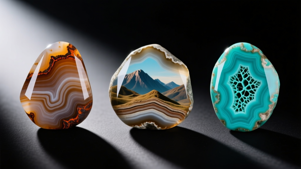 Macro shot comparing picture jasper, landscape agate, and turquoise cabochons showing distinct banding and matrix patterns.