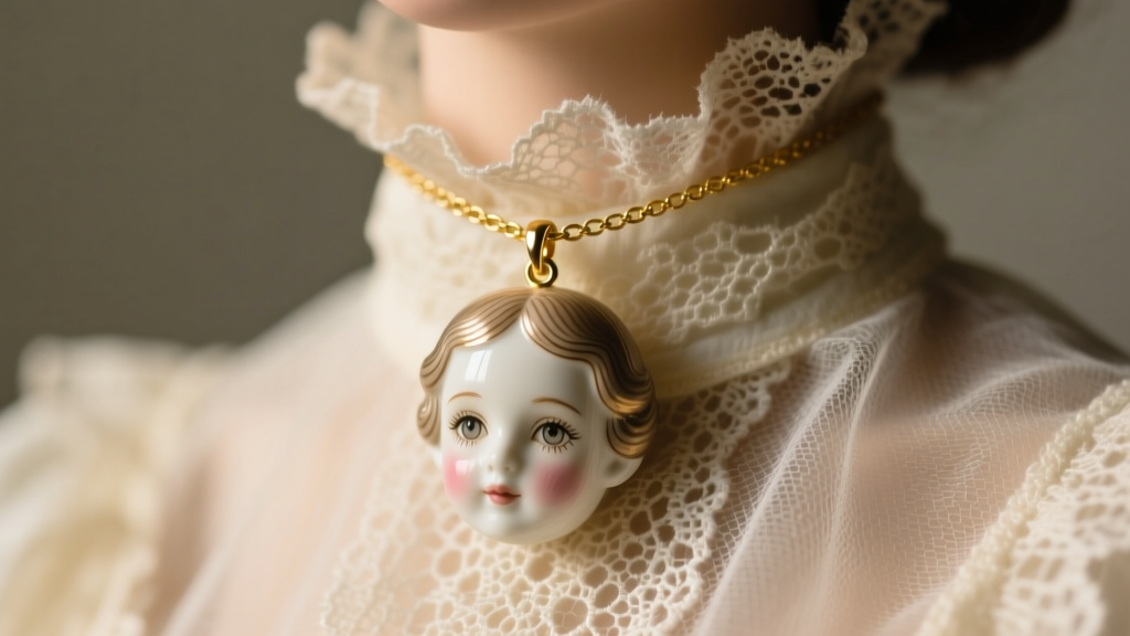 Close-up of a vintage-style porcelain doll head pendant on a delicate gold chain, resting on a lace collar, soft moody lighting.