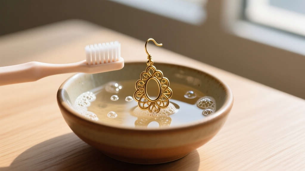 Soft baby toothbrush gently scrubbing a heavy ornate brass filigree dangle earring in a small ceramic bowl of warm soapy water