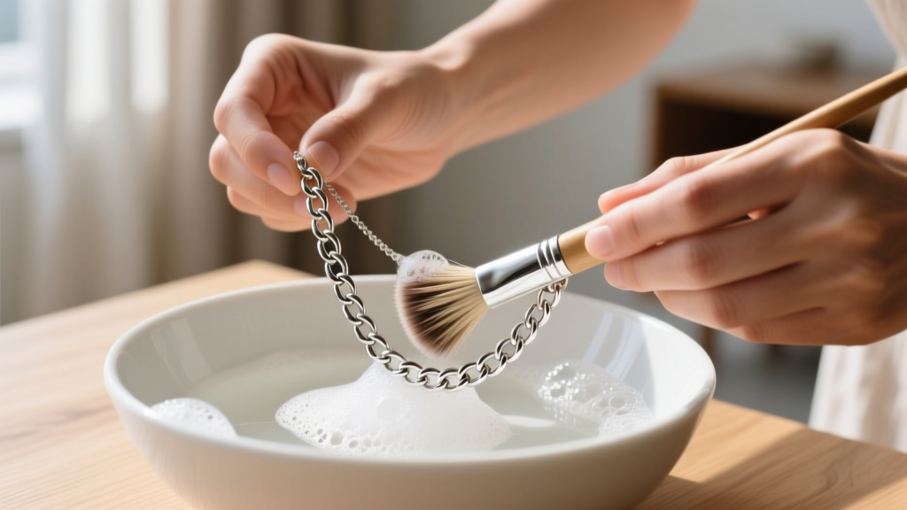 Hands cleaning a silver chain necklace with a horsehair brush and mild soap suds over a ceramic bowl in bright natural daylight.