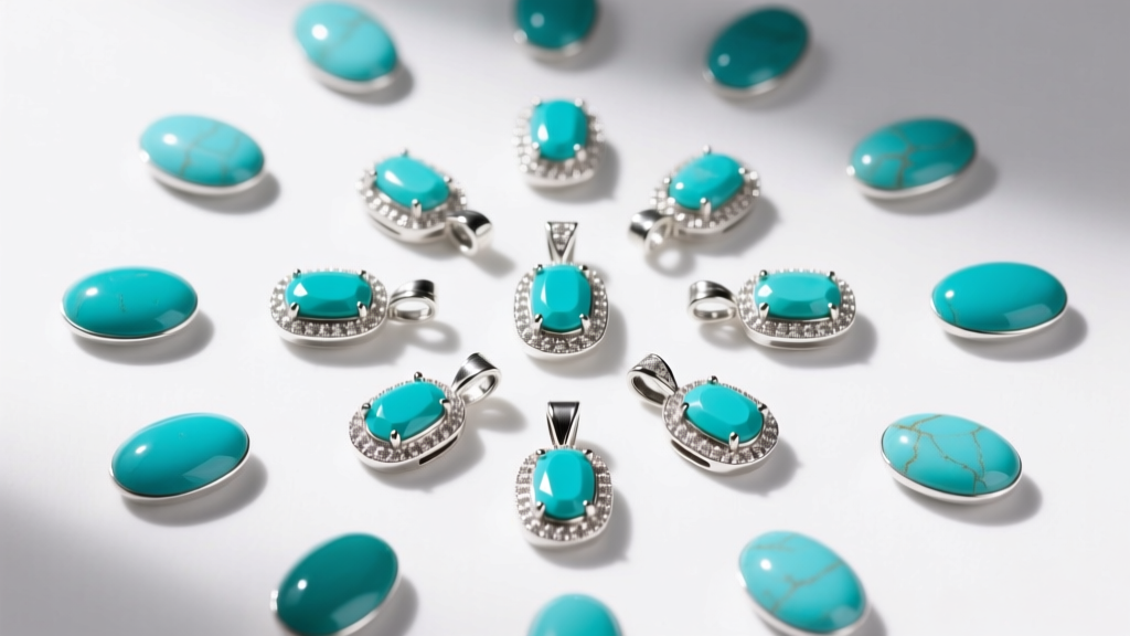 Overhead view of empty glue-on pad pendant settings in sterling silver, arranged beside polished oval turquoise cabochon gemstones.