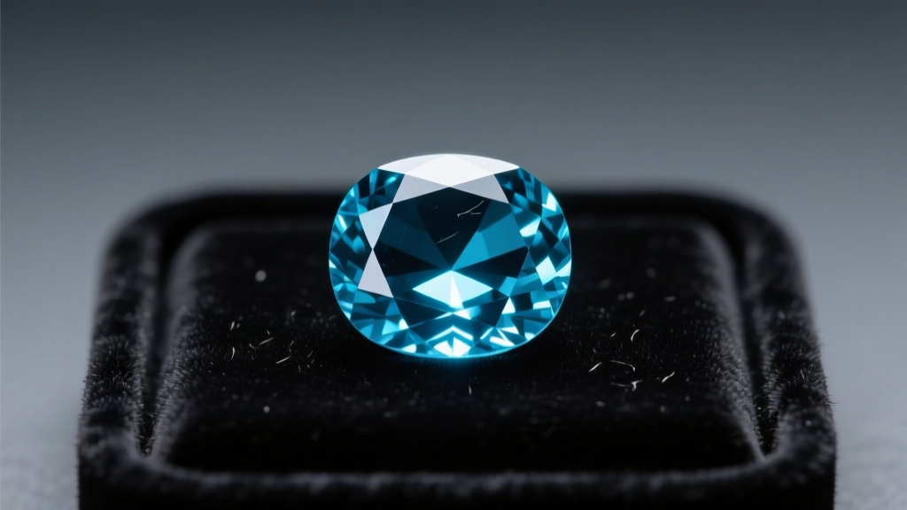 Macro photo of a loose Santa Maria aquamarine gemstone displaying deep blue hues resting on a dark velvet grading tray.