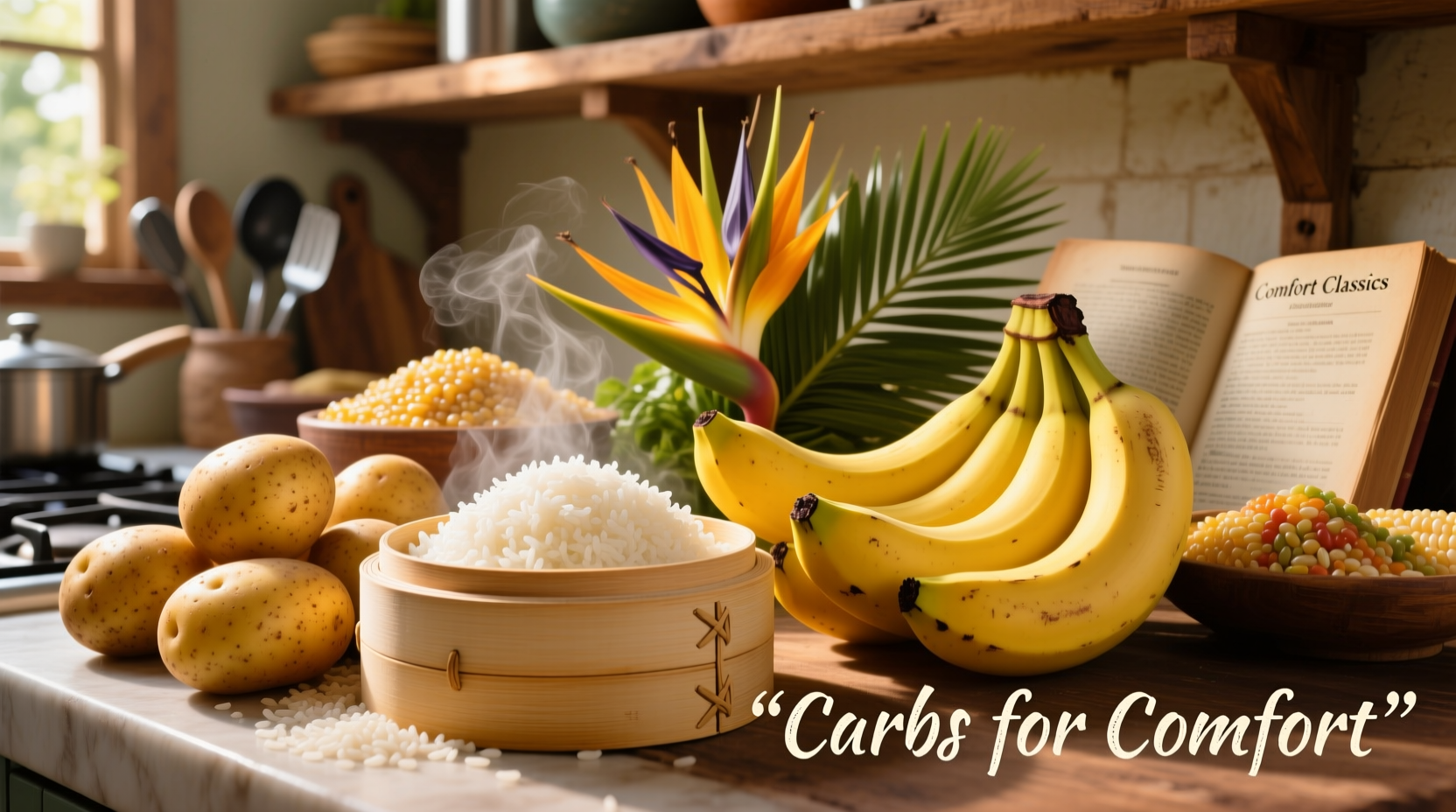 Zusammenstellung von Reis, Kartoffeln und Bananen für Kohlenhydratvergleich