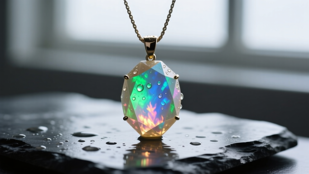 Faceted Ethiopian Welo opal pendant resting on wet slate, demonstrating its translucent, hydrophane water-absorbing nature.