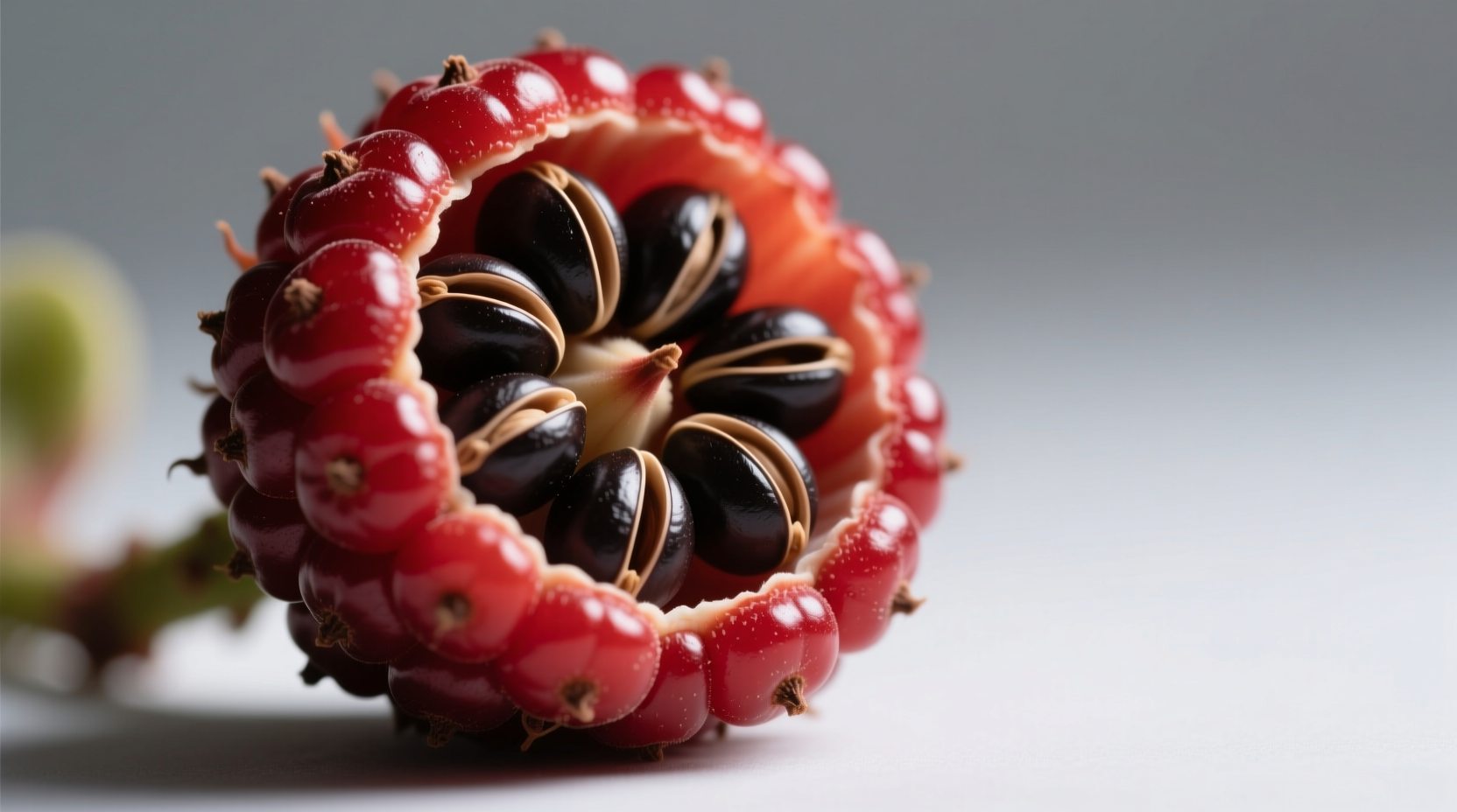 Close-up of Amorphophallus titanum seeds showing red berries with exposed black seeds