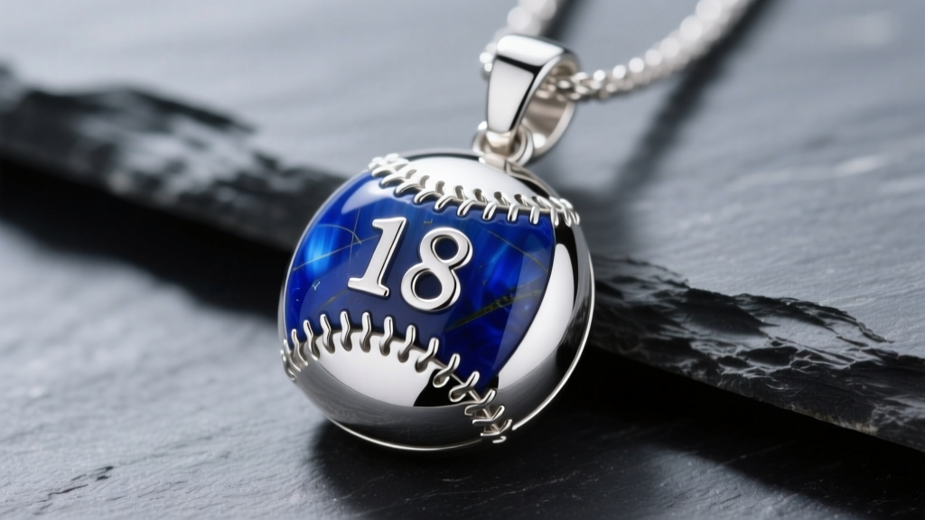 Close-up of a sterling silver baseball pendant with deep blue lapis lazuli inlay and the number 18, resting on dark grey slate.
