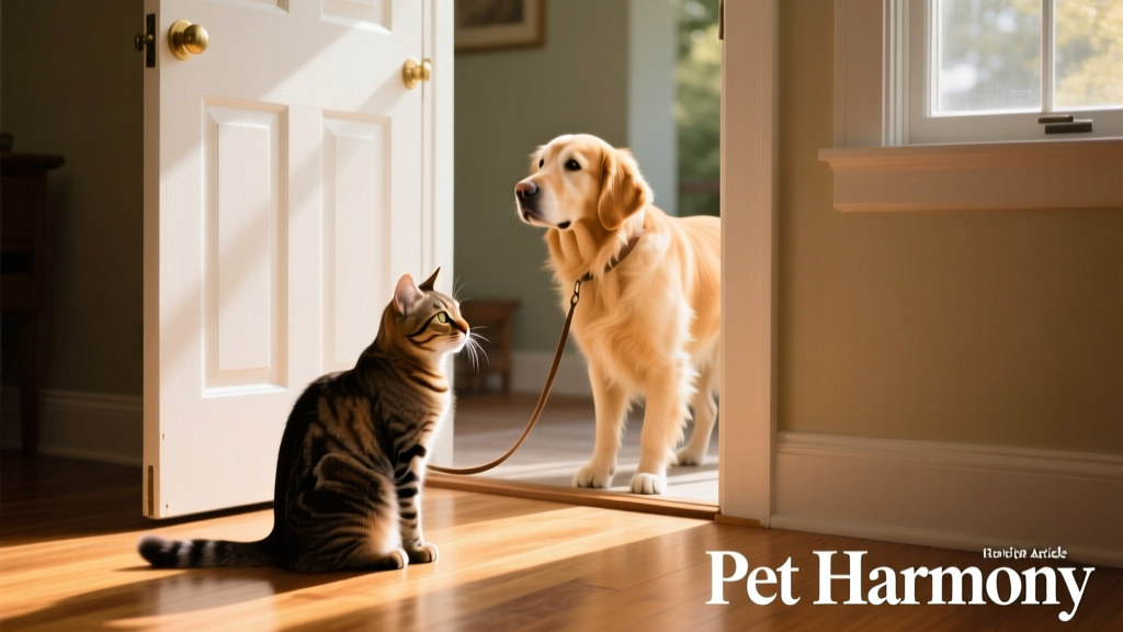 A calm cat observing a gentle, leashed dog from a safe distance through a partially open door
