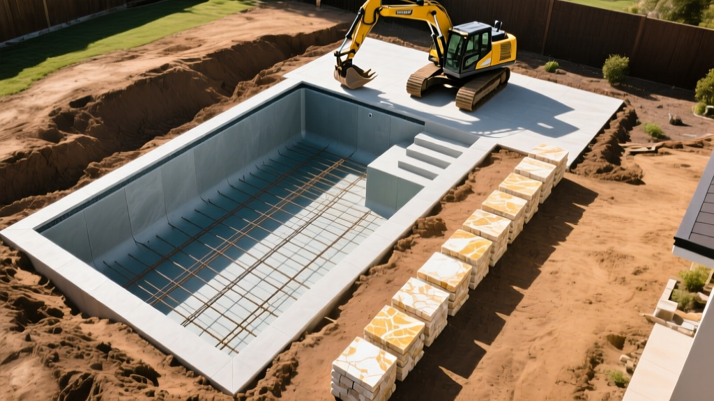 Aerial view of a newly excavated backyard showing a steel-rebar reinforced gunite pool shell next to stacked travertine pavers and heavy excavation machinery