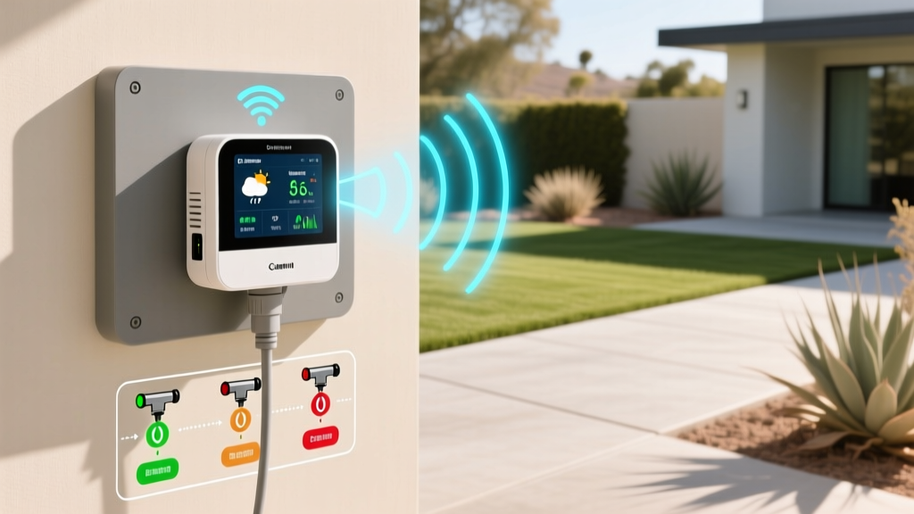 A diagram illustrating how a smart irrigation controller receives local weather data via Wi-Fi to adjust sprinkler zone runtimes automatically