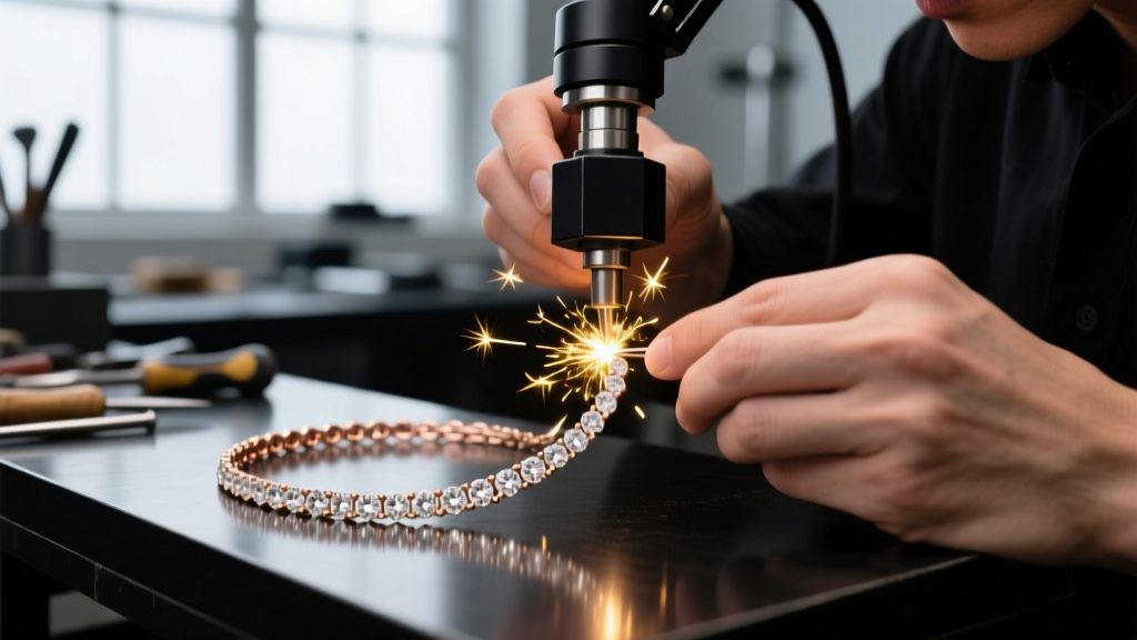 Jeweler using a laser welder to fix a broken link on a 14k rose gold eternity diamond necklace, sparks shielded by a dark guard.