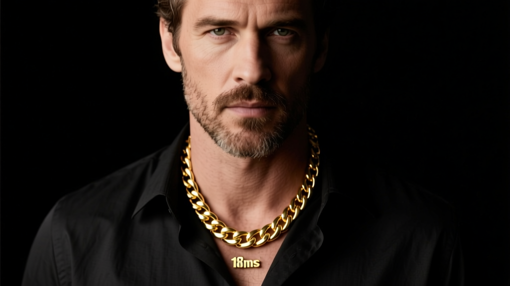 Rugged man wearing a 4mm 14k yellow gold Cuban link 18 in necklace resting perfectly on the collarbone, moody studio lighting