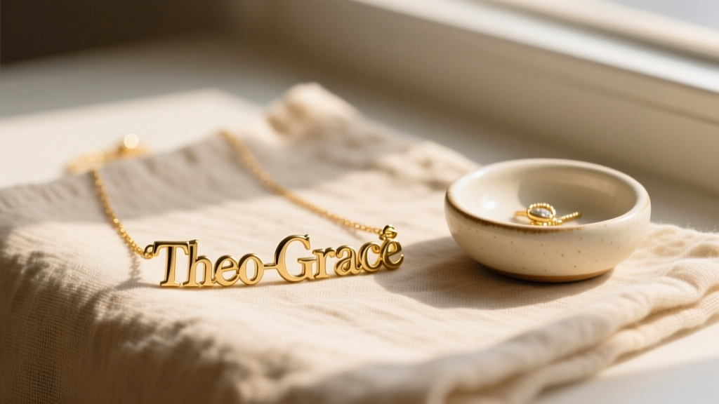 Delicate 14k gold Theo Grace initial necklace resting on beige linen beside a small ceramic jewelry dish in soft morning light.