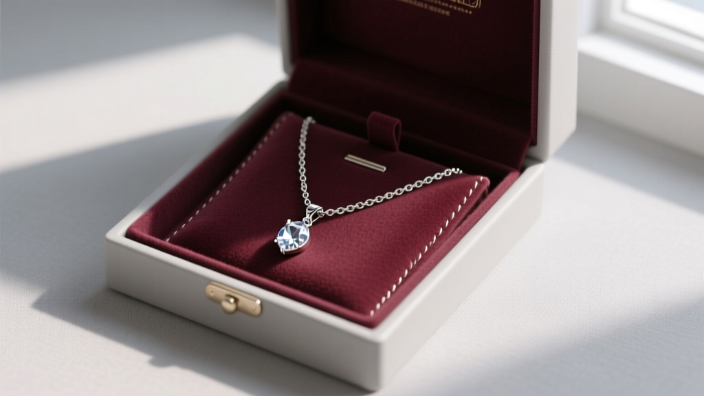 Organized jewelry box showing a lavalier necklace laid flat with its dangling drop secured in a dedicated felt pouch compartment.