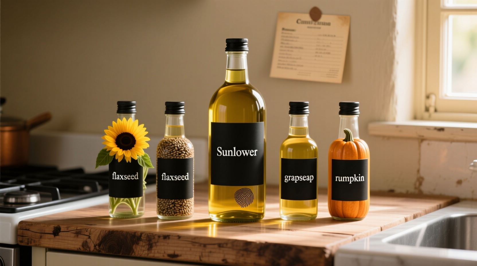 Seed oil bottles on kitchen counter