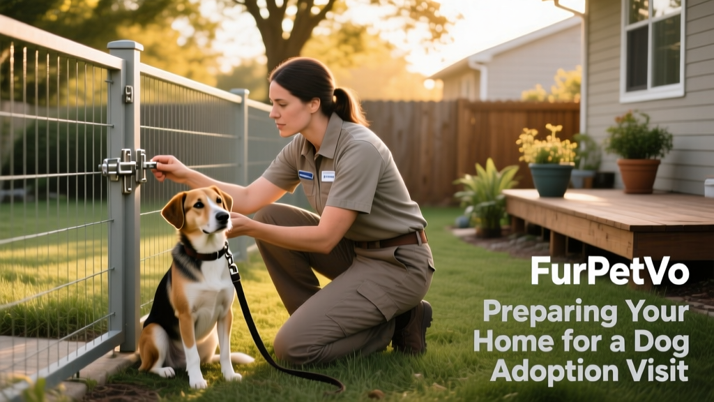 A FurPetVo coordinator crouching beside a securely fenced backyard, checking gate latches while a calm, leashed dog sits nearby