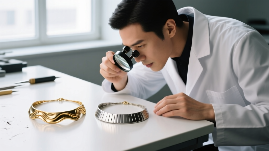 Jeweler using a loupe to inspect prong settings on a matching twin necklace set highlighting cast versus stamped metal differences
