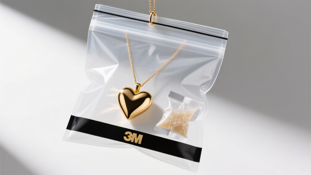 A sealed anti-tarnish ziplock bag containing a gold heart necklace, a silica gel packet, and a black 3M anti-tarnish strip.