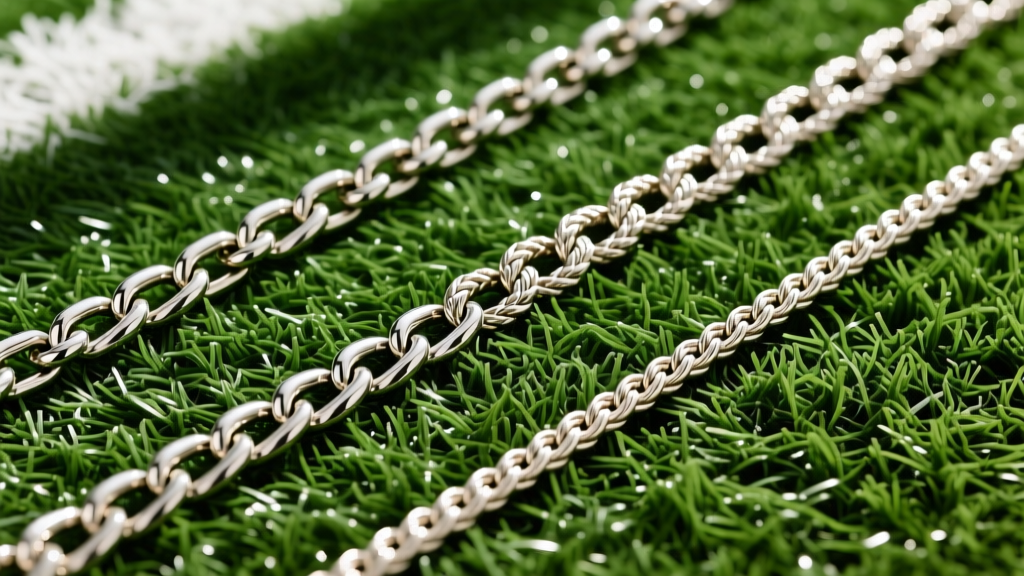 Top-down view of a 6mm Franco, 8mm Cuban link, and 4mm rope chain arranged neatly on a green artificial baseball turf background.
