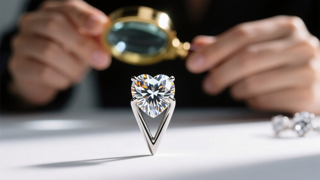 Close-up of a V-prong setting protecting the tip of a heart gemstone, with a blurred jeweler's loupe visible in the background.