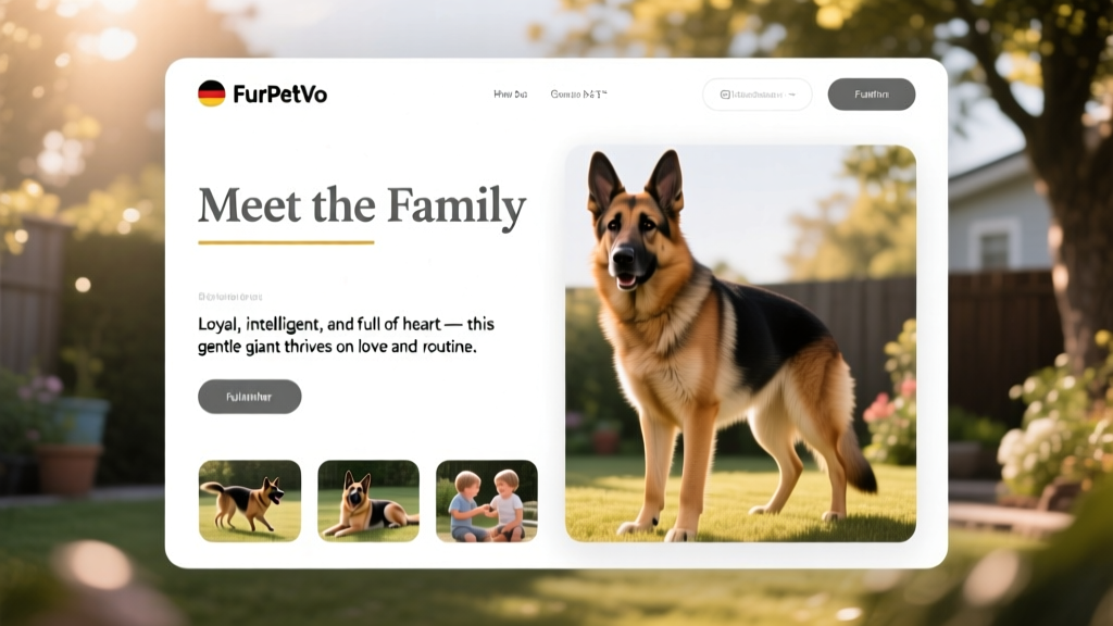 Screenshot-style image showing a FurPetVo pet profile page for a German Shepherd, highlighting photos, bio, and 'Meet the Family' section