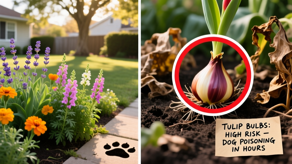 Side-by-side comparison of safe and toxic garden plants for dogs, with tulip bulbs highlighted as high-risk