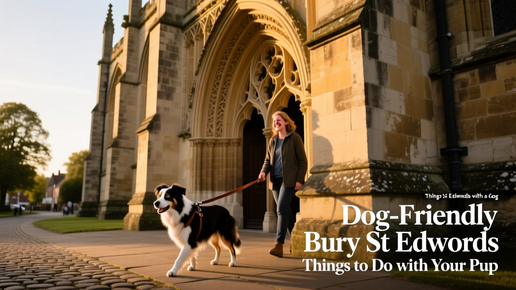 St Edmundsbury Cathedral’s Gothic façade with a well-behaved dog on a leash beside a visitor near the entrance